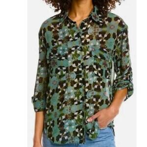 Women's Elan Green Orchid Floral Design Sheer Blouse Top Shirt Size Med